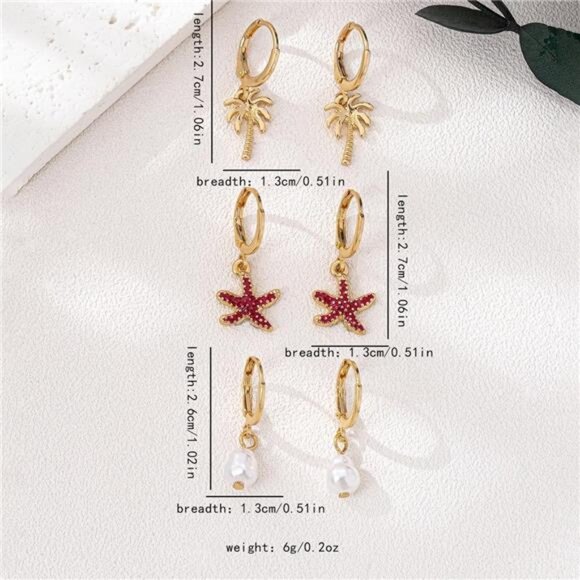 3-Pair 18K Gold-Plated Alloy Drop Earrings - Picture 5 of 5